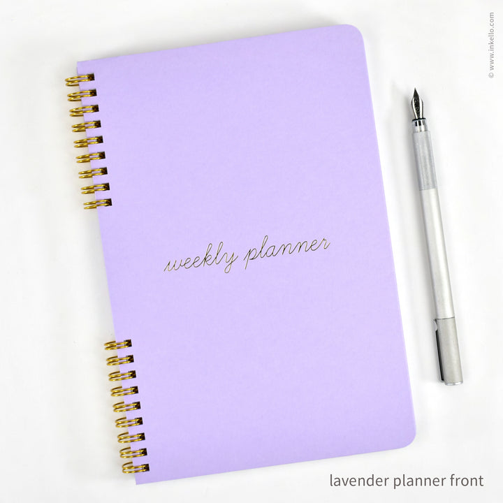 Weekly Planner with Lavender Cover and School Cursive in Gold Foil (
