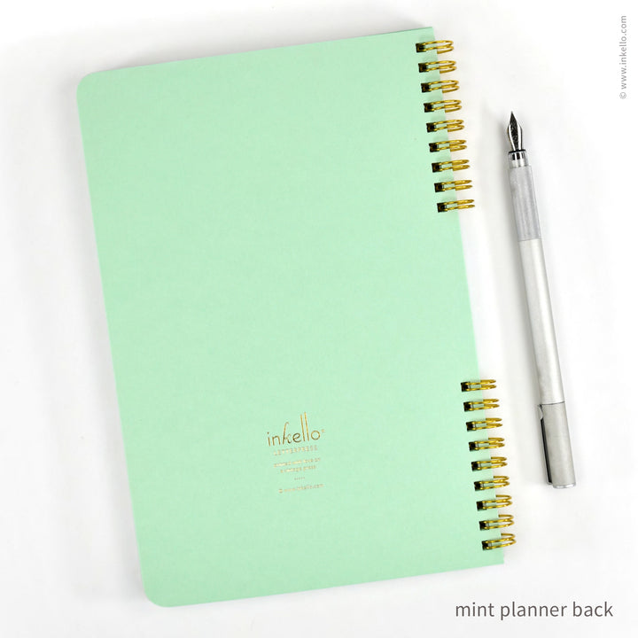 Weekly Planner with Mint Cover and School Cursive in Gold Foil (