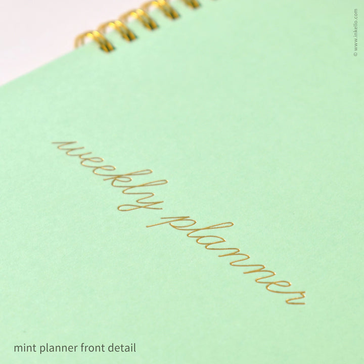 Weekly Planner with Mint Cover and School Cursive in Gold Foil (