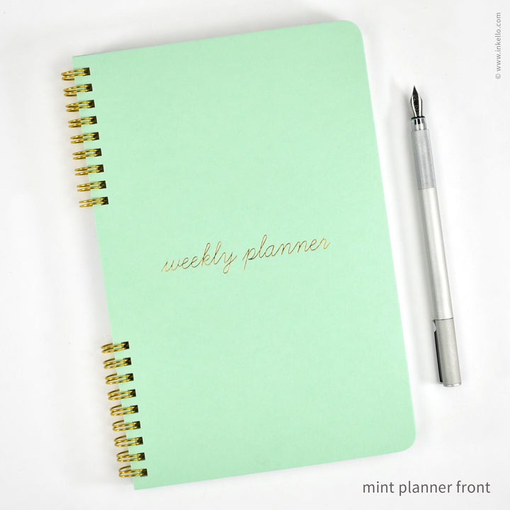 Weekly Planner with Mint Cover and School Cursive in Gold Foil (