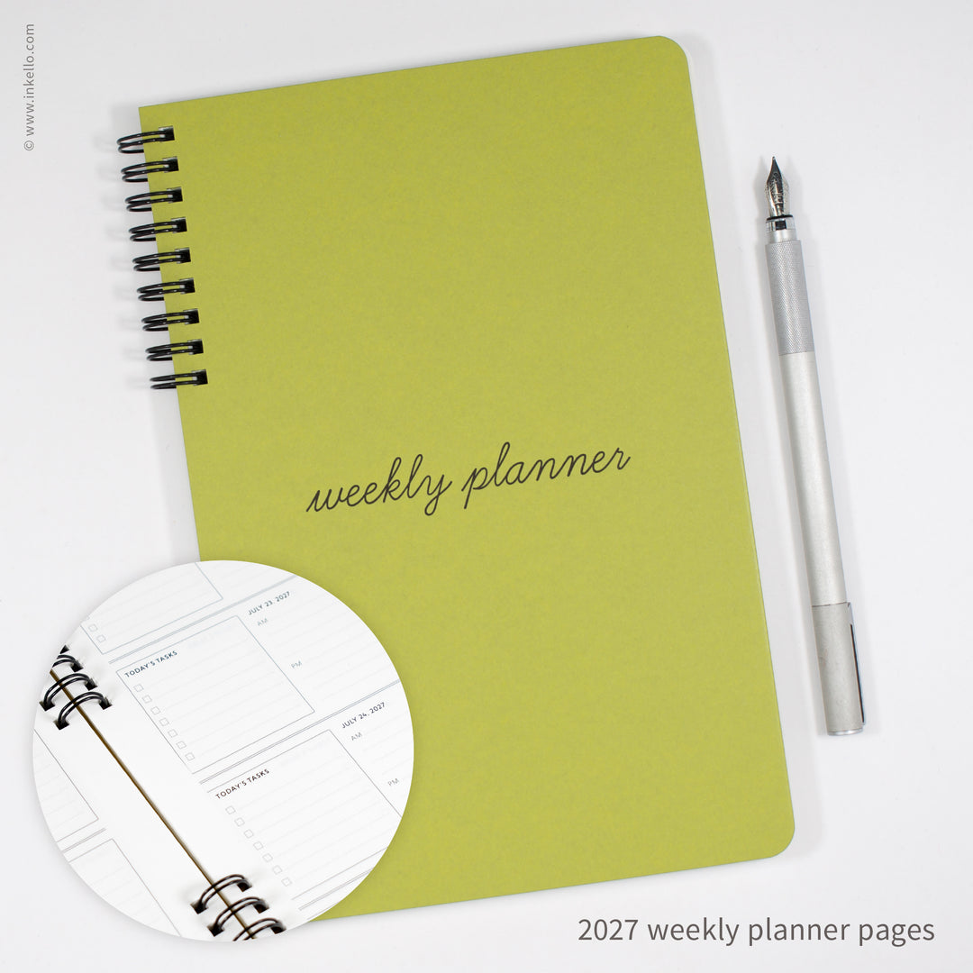 Weekly Planner with Chartreuse Cover and School Cursive in Black Ink (
