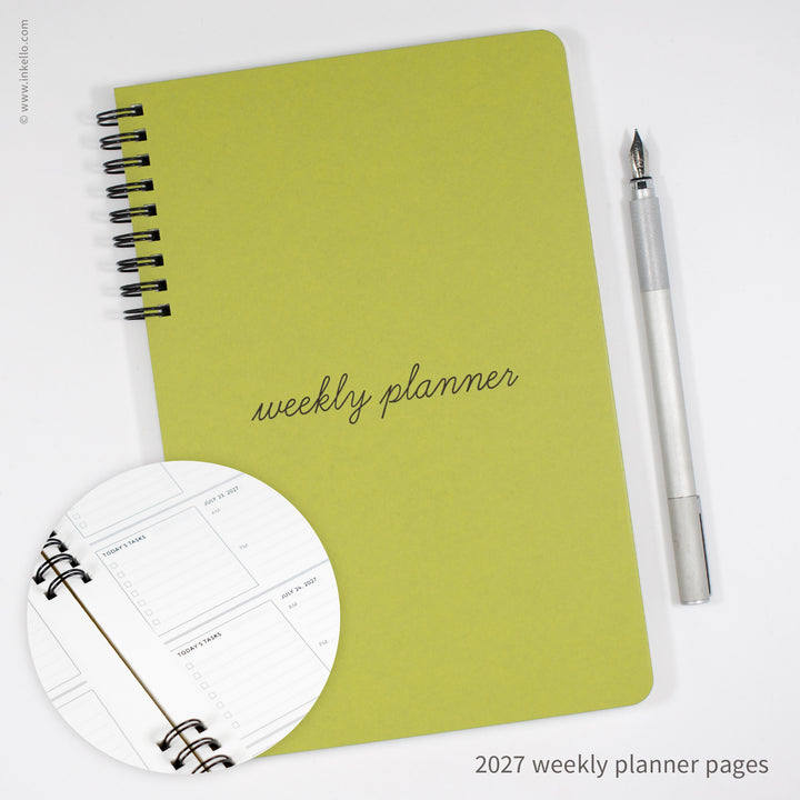 Weekly Planner with Chartreuse Cover and School Cursive in Black Ink (