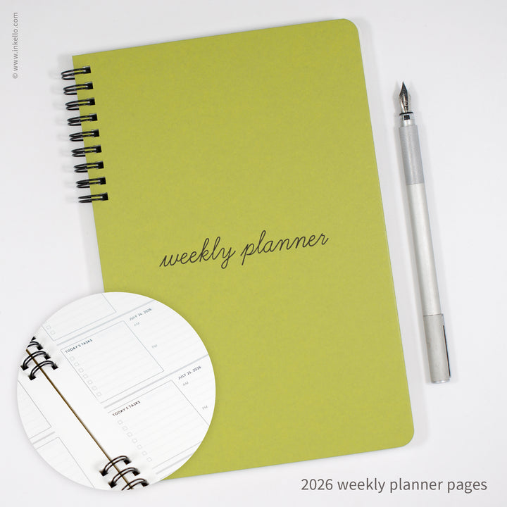 Weekly Planner with Chartreuse Cover and School Cursive in Black Ink (