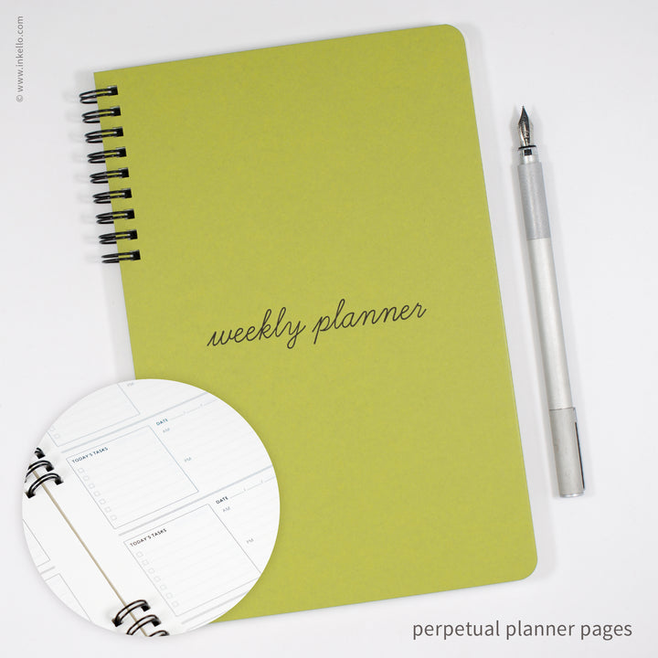 Weekly Planner with Chartreuse Cover and School Cursive in Black Ink (