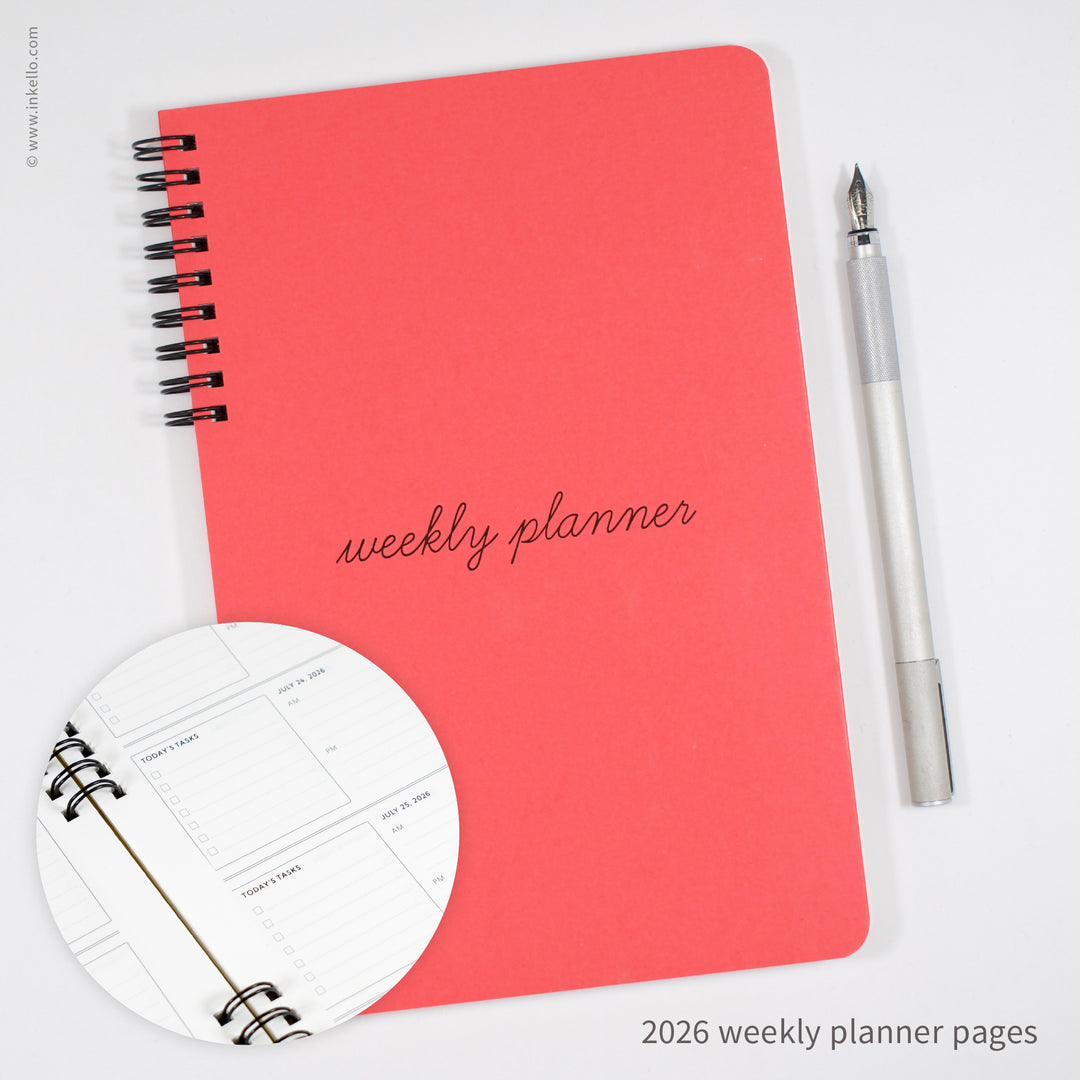 Weekly Planner with Coral Cover and School Cursive in Black Ink (
