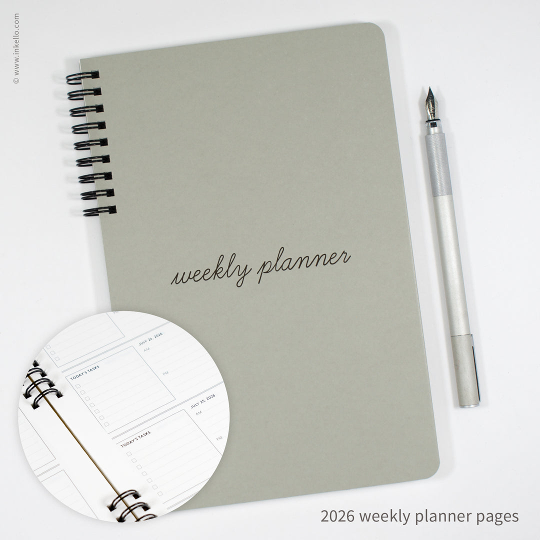 Weekly Planner with Grey Cover and School Cursive in Black Ink (