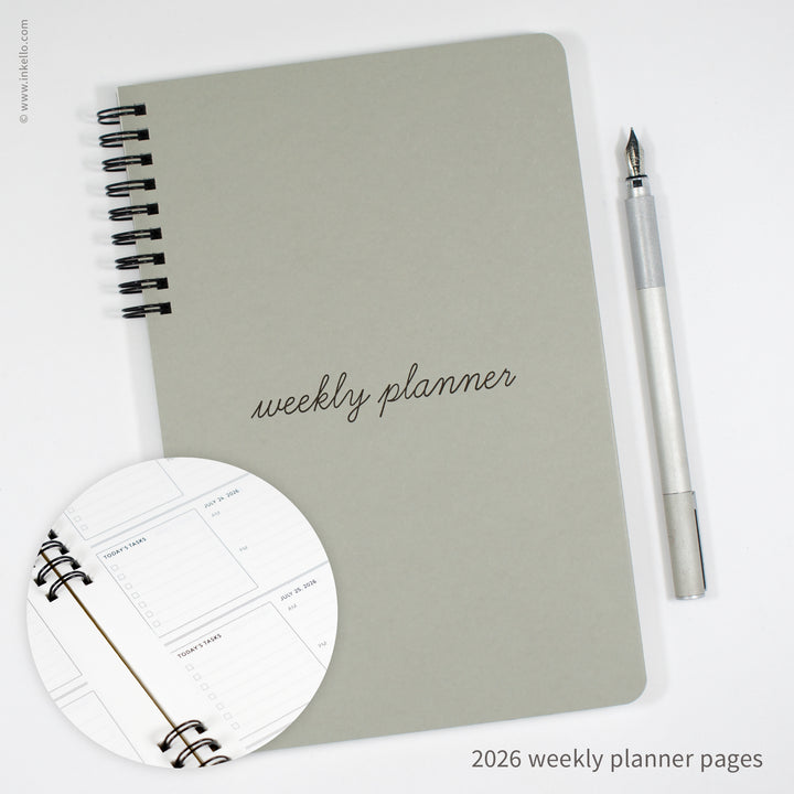 Weekly Planner with Grey Cover and School Cursive in Black Ink (