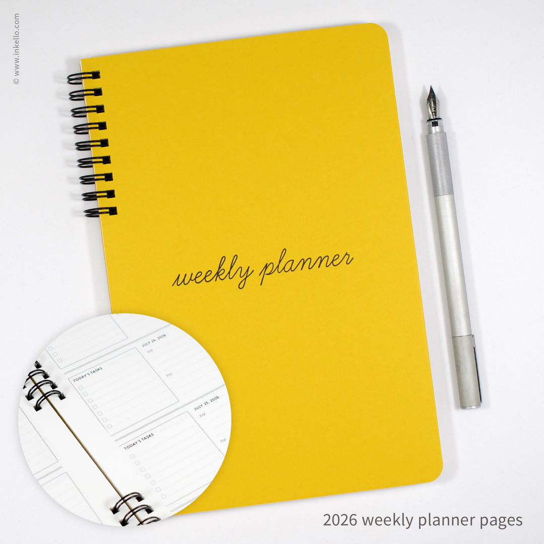 Weekly Planner with Mustard Cover and School Cursive in Black Ink (