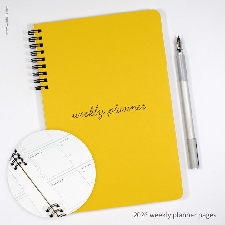 Weekly Planner with Mustard Cover and School Cursive in Black Ink (