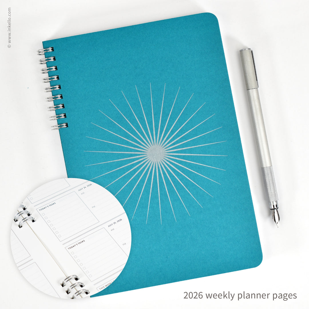 Big Burst Weekly Planner with Teal Cover and Silver Ink (