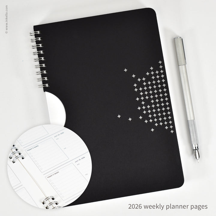 Star Weekly Planner with Black Cover and Silver Ink (