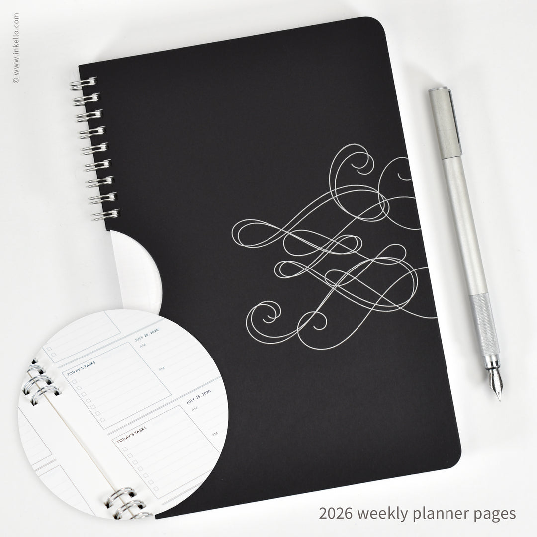 Swirl Weekly Planner with Black Cover and Silver Ink (
