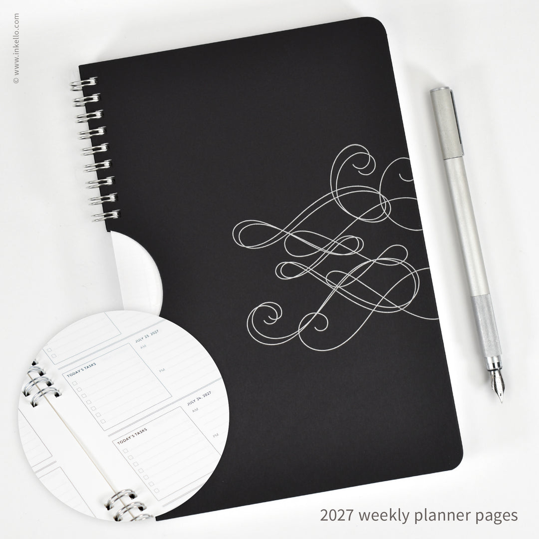 Swirl Weekly Planner with Black Cover and Silver Ink (
