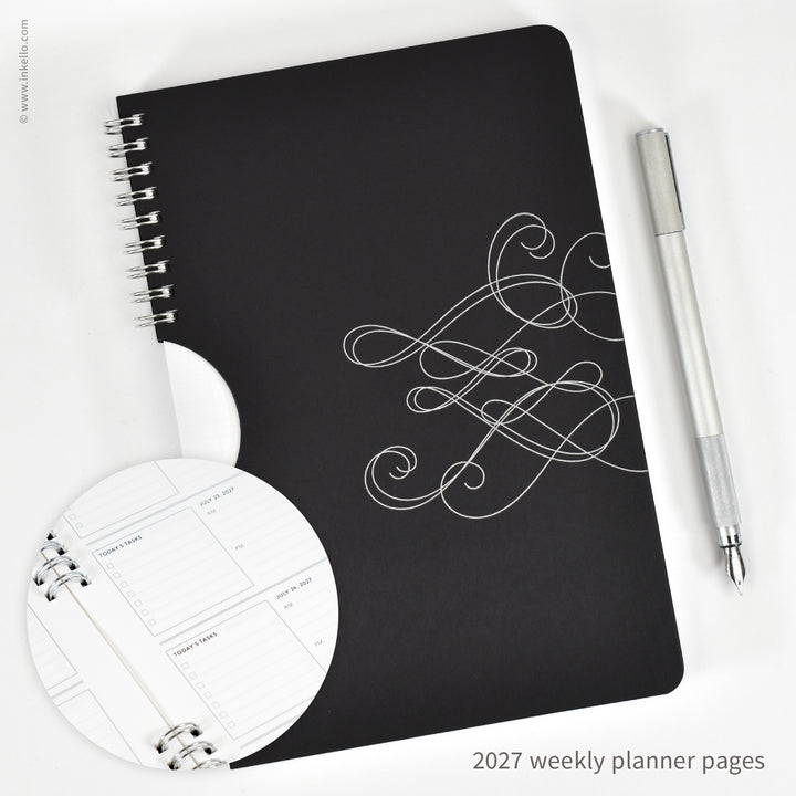 Swirl Weekly Planner with Black Cover and Silver Ink (