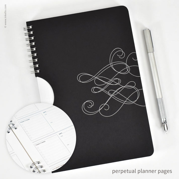 Swirl Weekly Planner with Black Cover and Silver Ink (