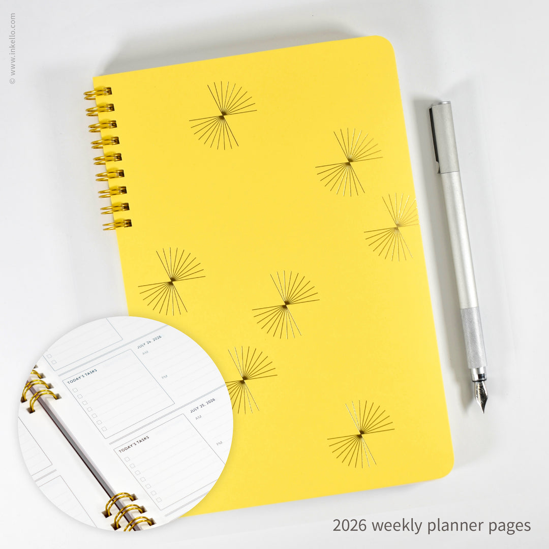 Gold Bursts Weekly Planner with Sunshine Yellow Cover (