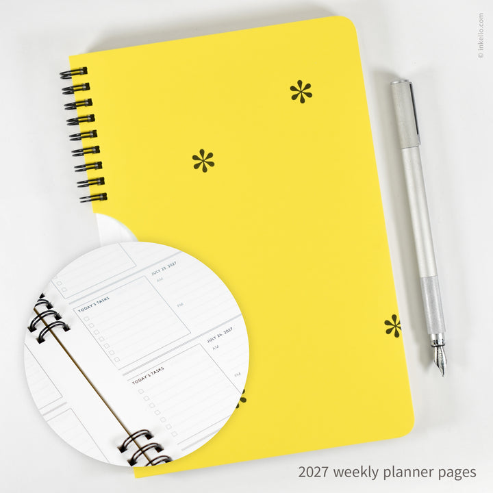 Black Asterisks Weekly Planner with Yellow Cover (