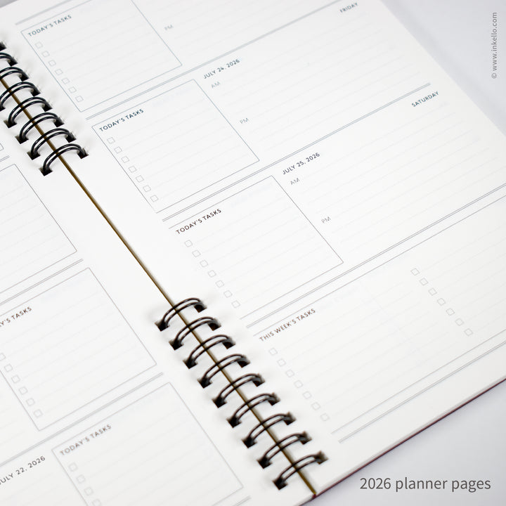 Weekly Planner with Coral Cover and School Cursive in Black Ink (