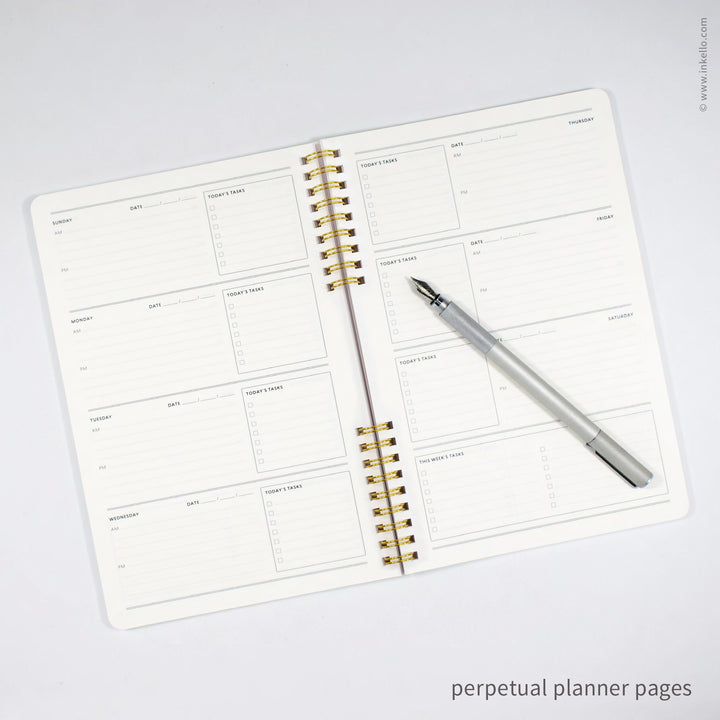 Weekly Planner with Bluebell Cover and School Cursive in Gold Foil (