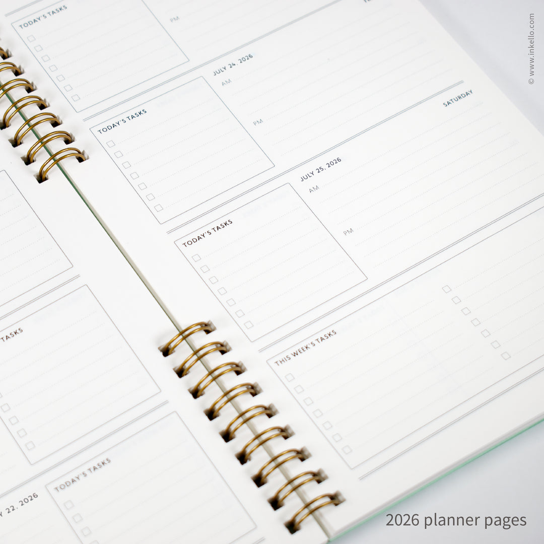 Weekly Planner with Mint Cover and Navy Script Design (