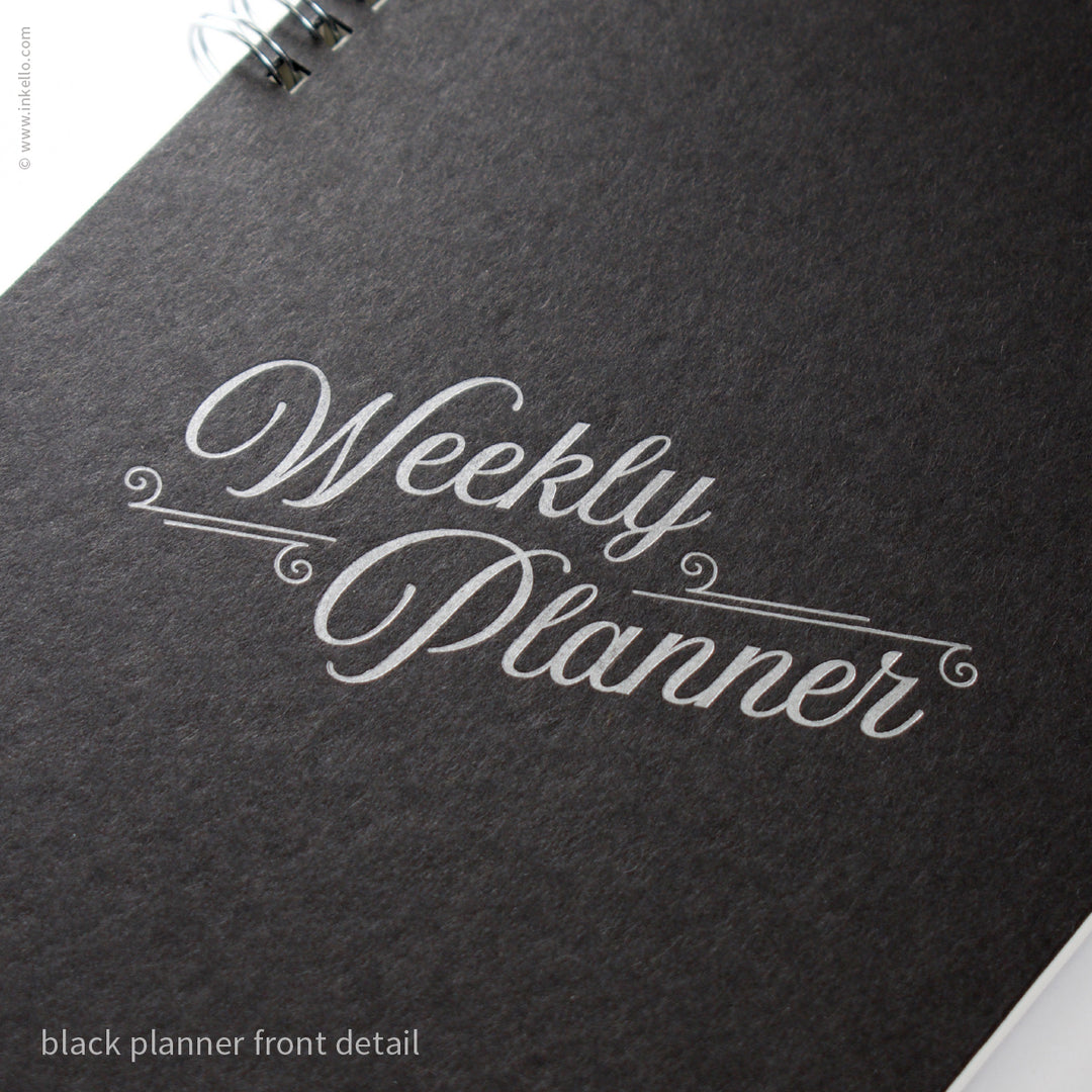 Weekly Planner with Black Cover and Silver Script Design (