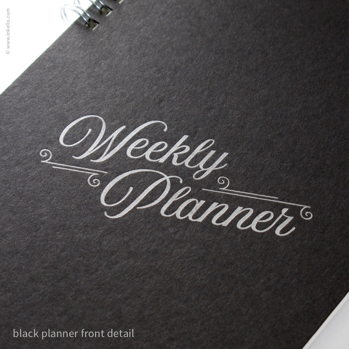 Weekly Planner with Black Cover and Silver Script Design (