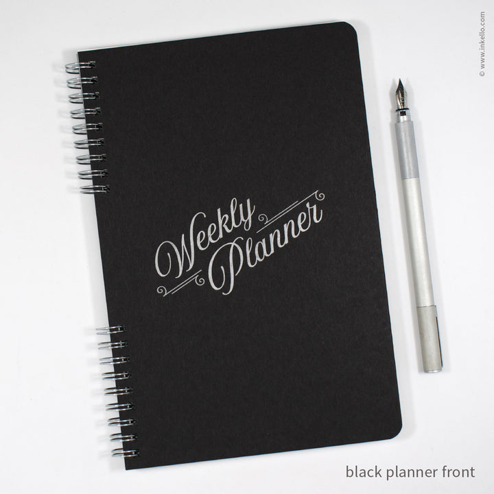 Weekly Planner with Black Cover and Silver Script Design (