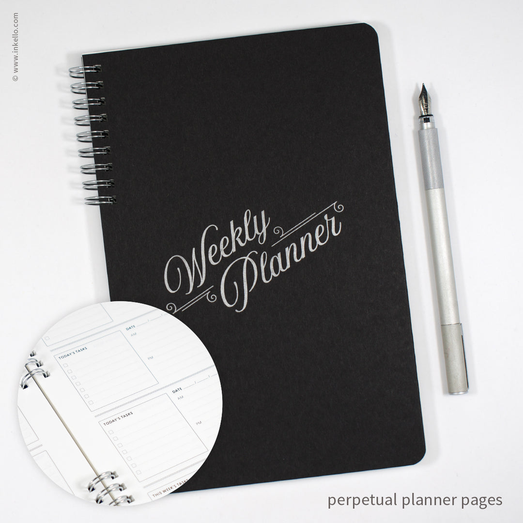 Weekly Planner with Black Cover and Silver Script Design (