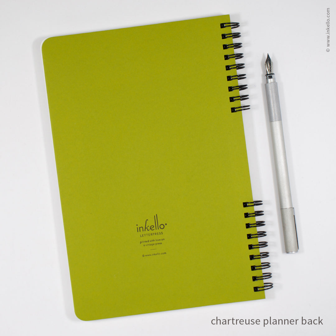 Weekly Planner with Chartreuse Cover and Black Script Design (
