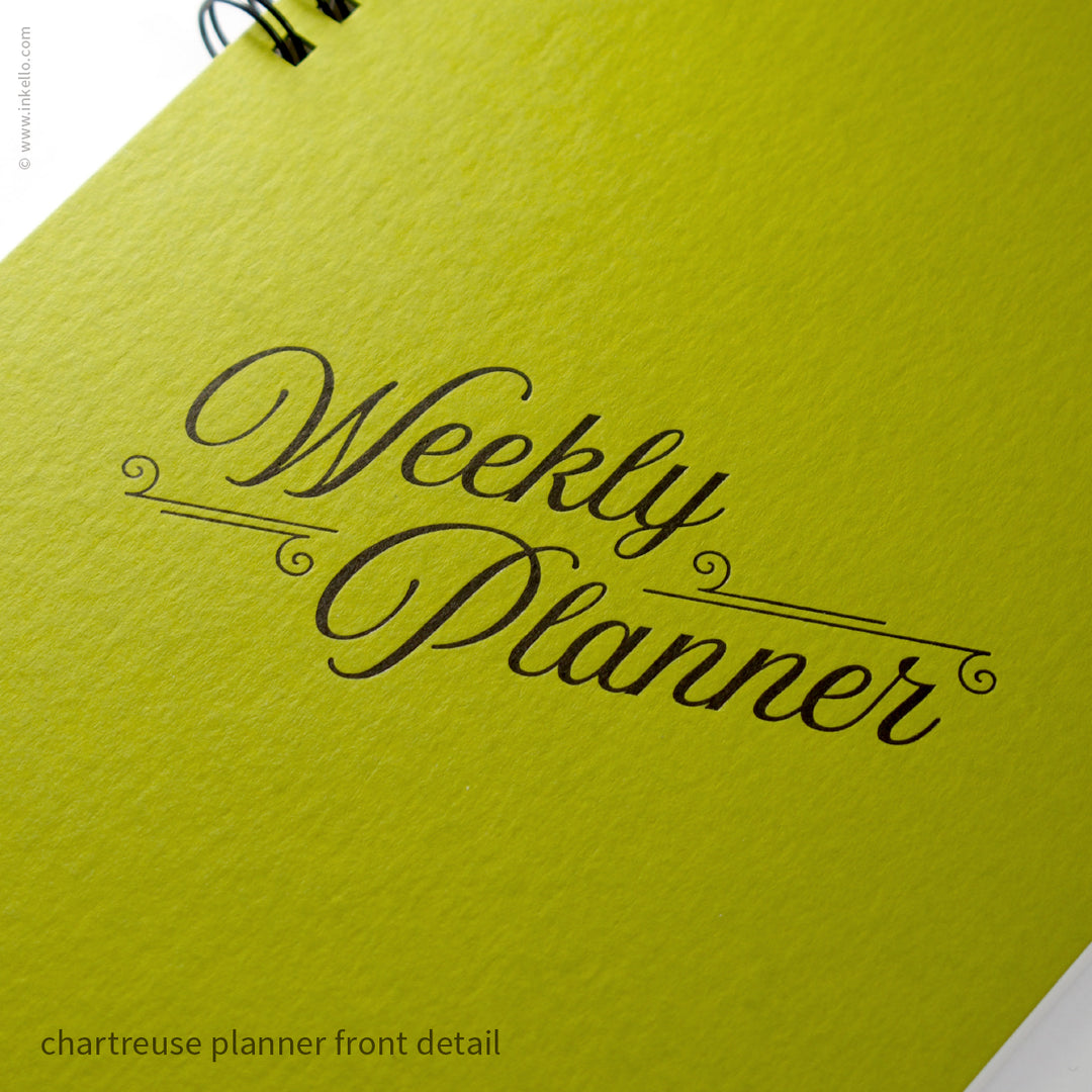 Weekly Planner with Chartreuse Cover and Black Script Design (