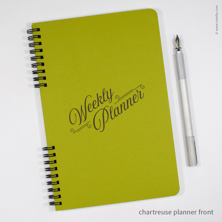 Weekly Planner with Chartreuse Cover and Black Script Design (