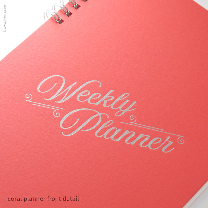 Weekly Planner with Coral Cover and Silver Script Design (