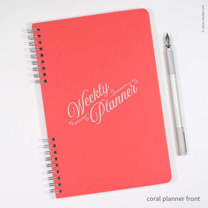 Weekly Planner with Coral Cover and Silver Script Design (