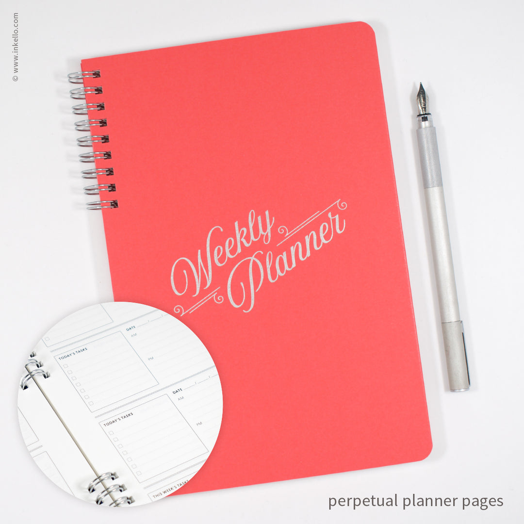 Weekly Planner with Coral Cover and Silver Script Design (