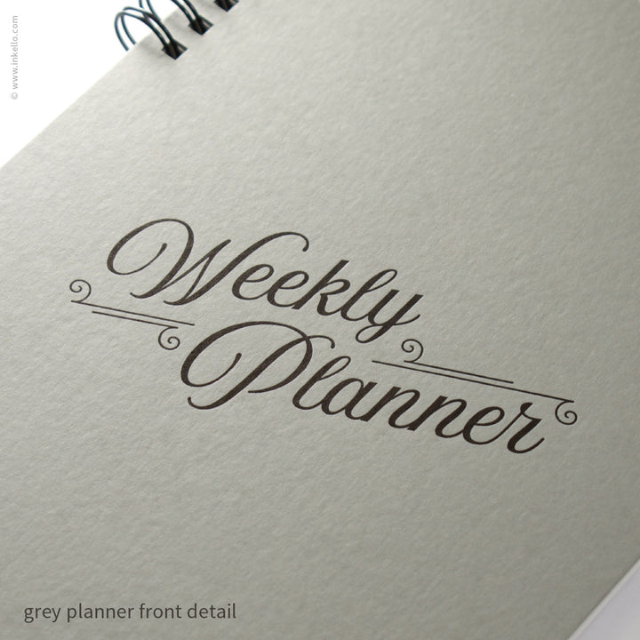 Weekly Planner with Grey Cover and Black Script Design (