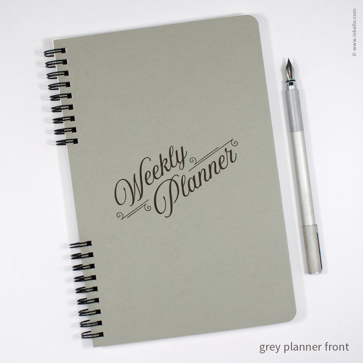 Weekly Planner with Grey Cover and Black Script Design (