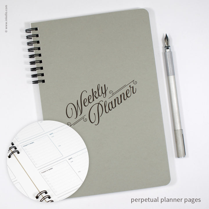Weekly Planner with Grey Cover and Black Script Design (