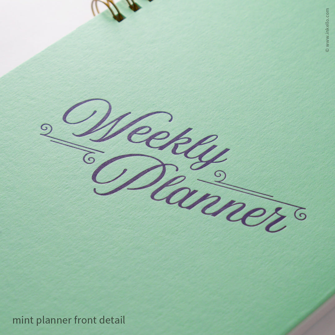 Weekly Planner with Mint Cover and Navy Script Design (