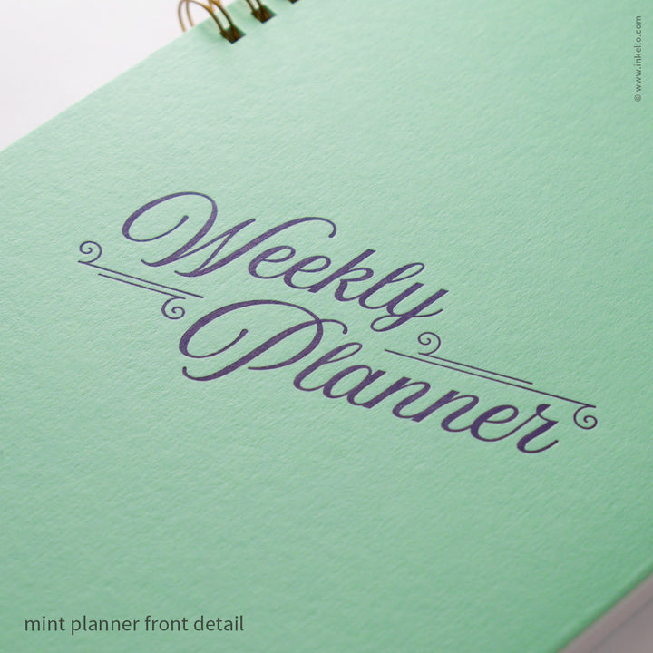 Weekly Planner with Mint Cover and Navy Script Design (