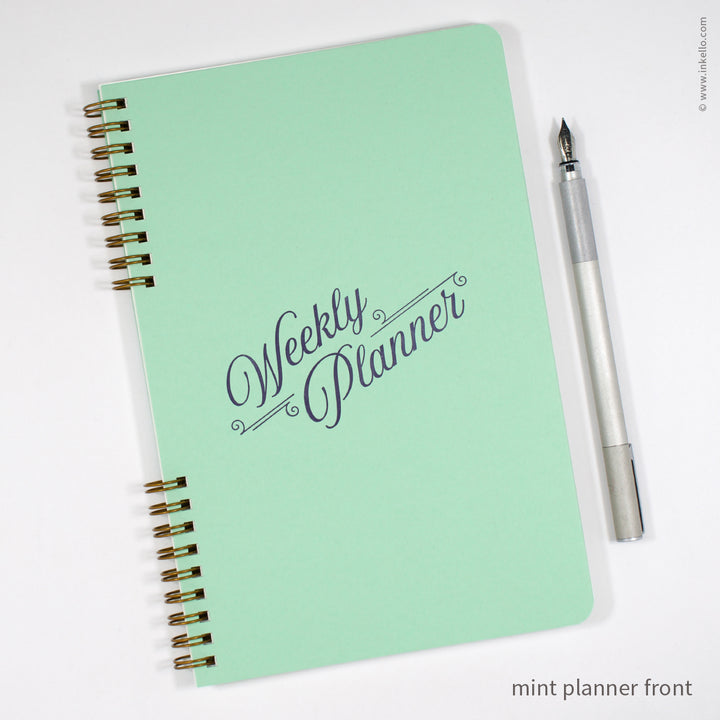 Weekly Planner with Mint Cover and Navy Script Design (