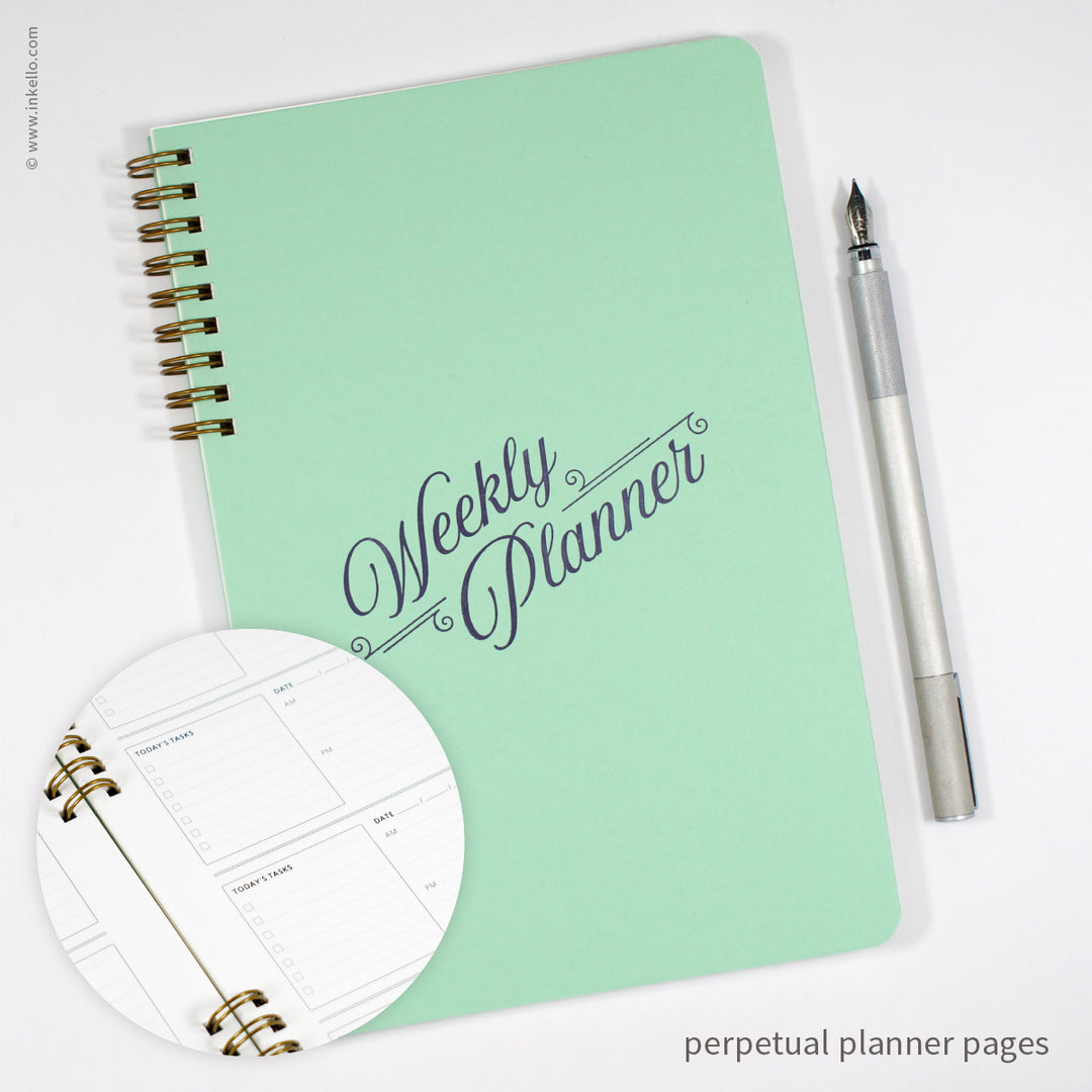Weekly Planner with Mint Cover and Navy Script Design (