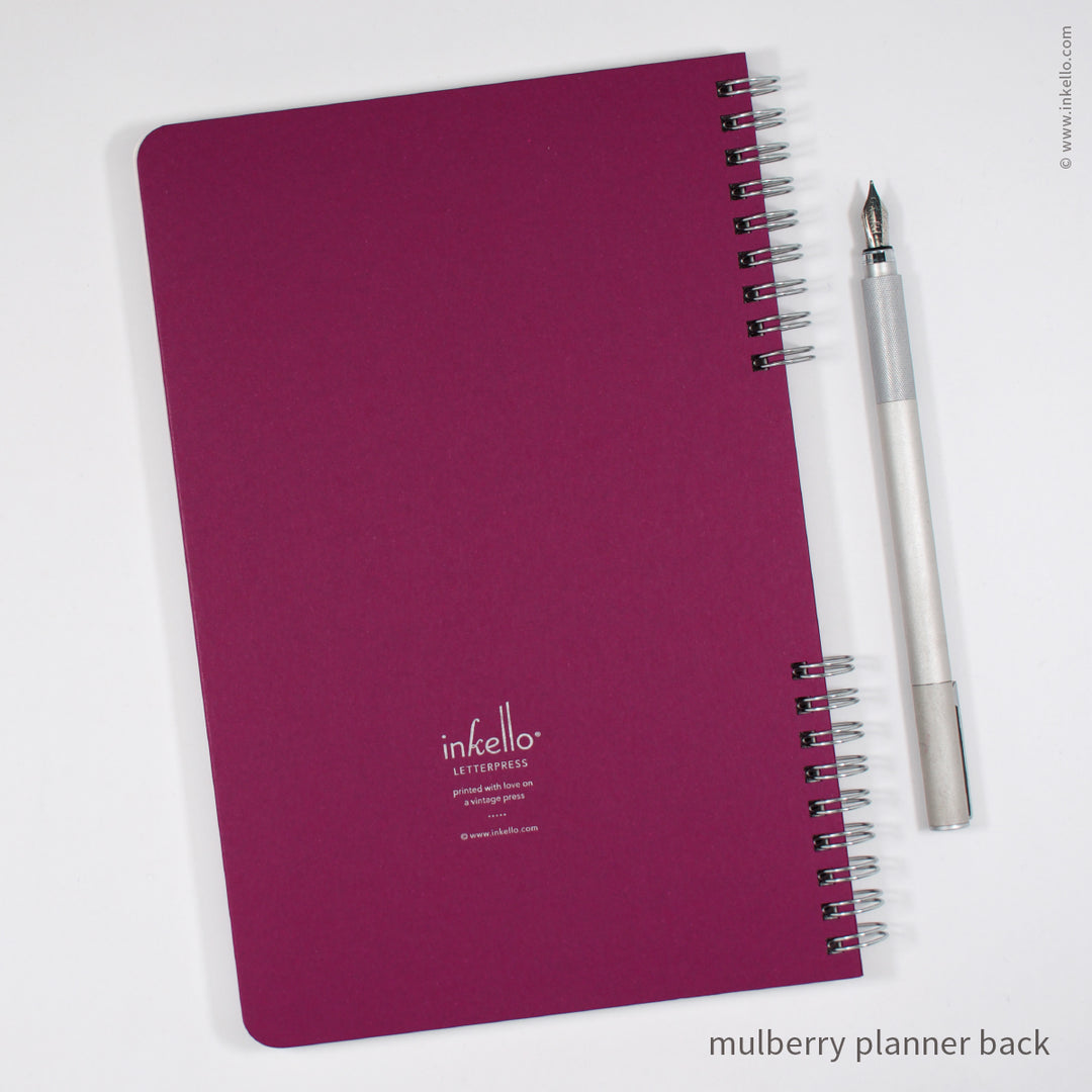 Weekly Planner with Mulberry Cover and Silver Script Design (