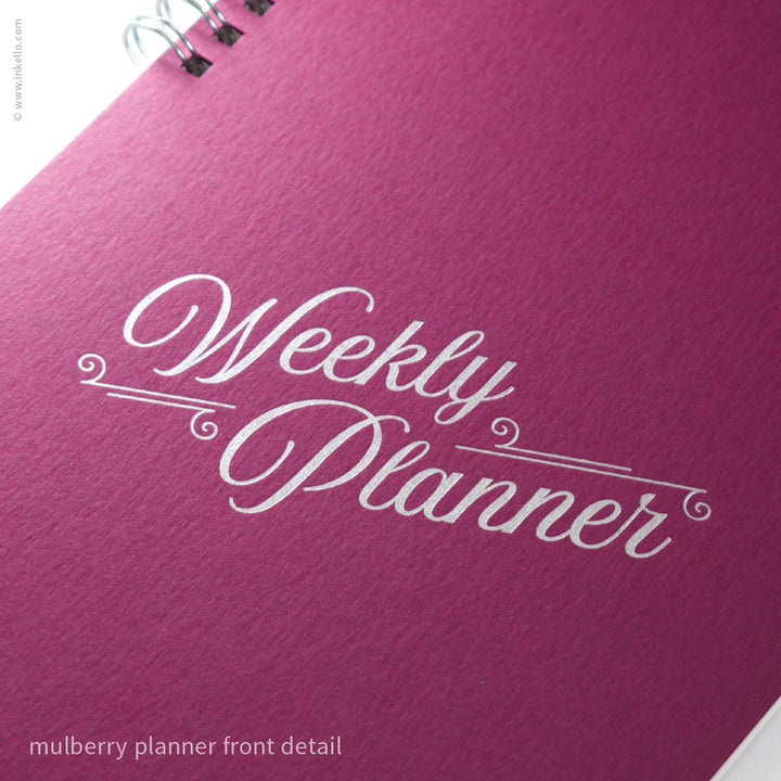 Weekly Planner with Mulberry Cover and Silver Script Design (