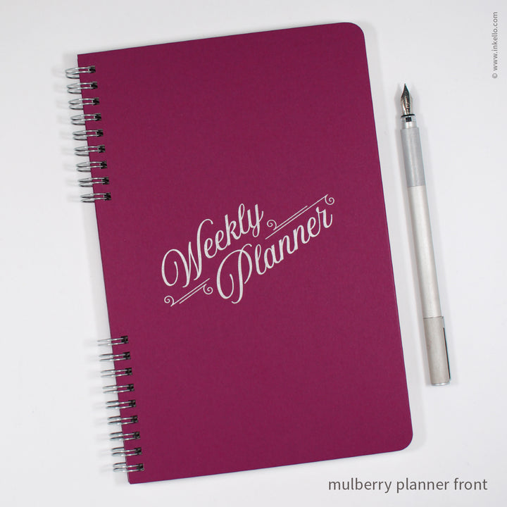 Weekly Planner with Mulberry Cover and Silver Script Design (