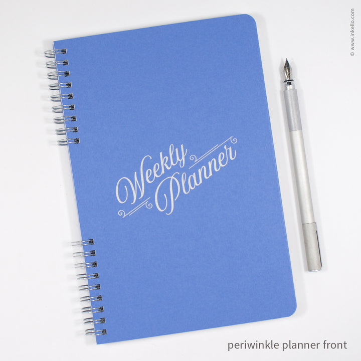 Weekly Planner with Periwinkle Cover and Silver Script Design (