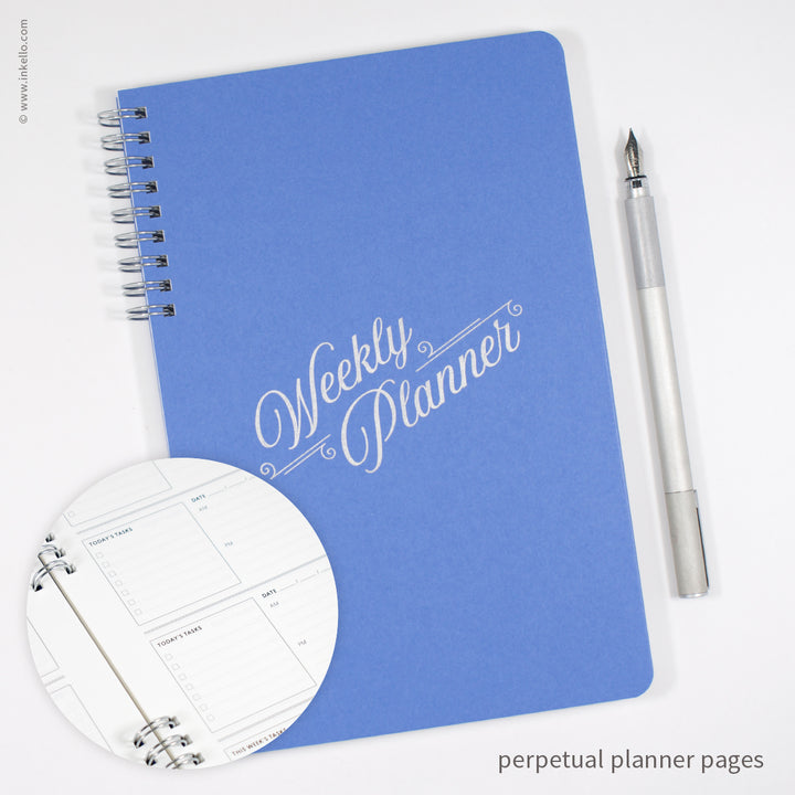 Weekly Planner with Periwinkle Cover and Silver Script Design (