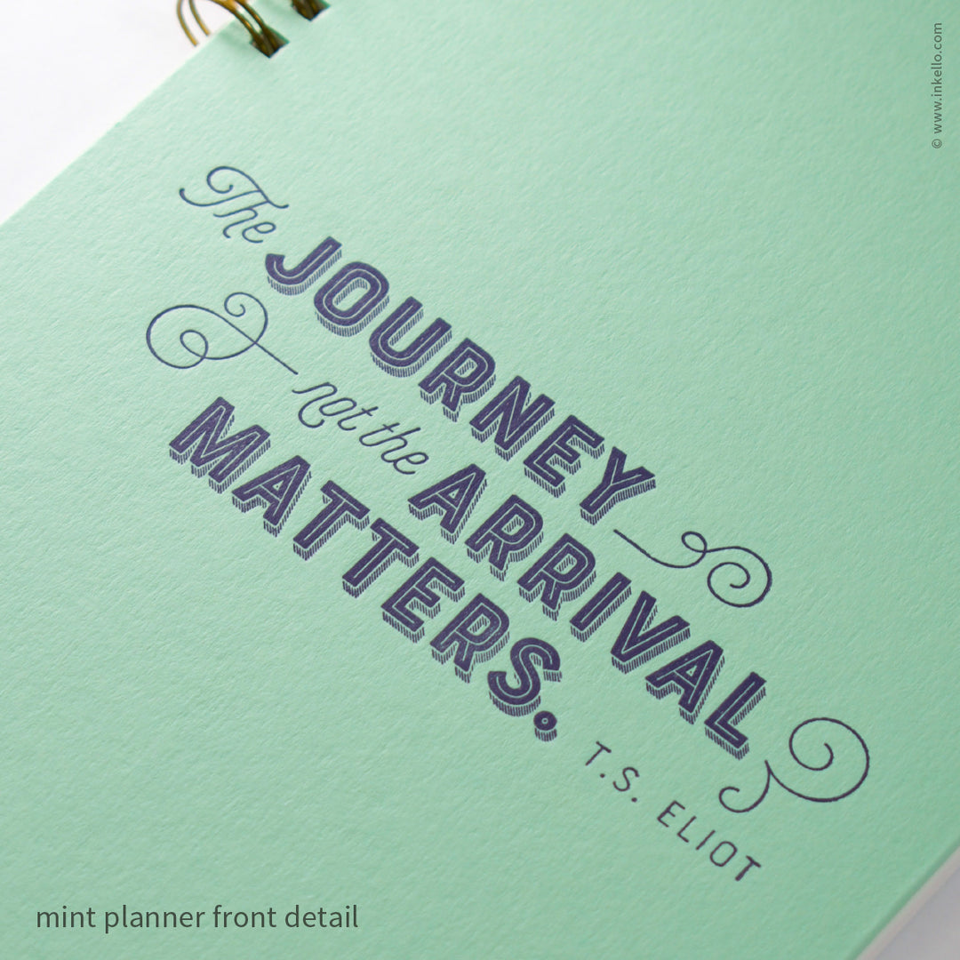Weekly Planner with Mint Cover and T.S. Eliot Quote in Navy Ink (