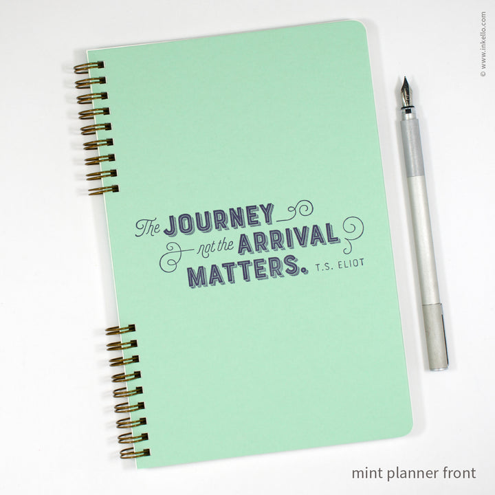 Weekly Planner with Mint Cover and T.S. Eliot Quote in Navy Ink (