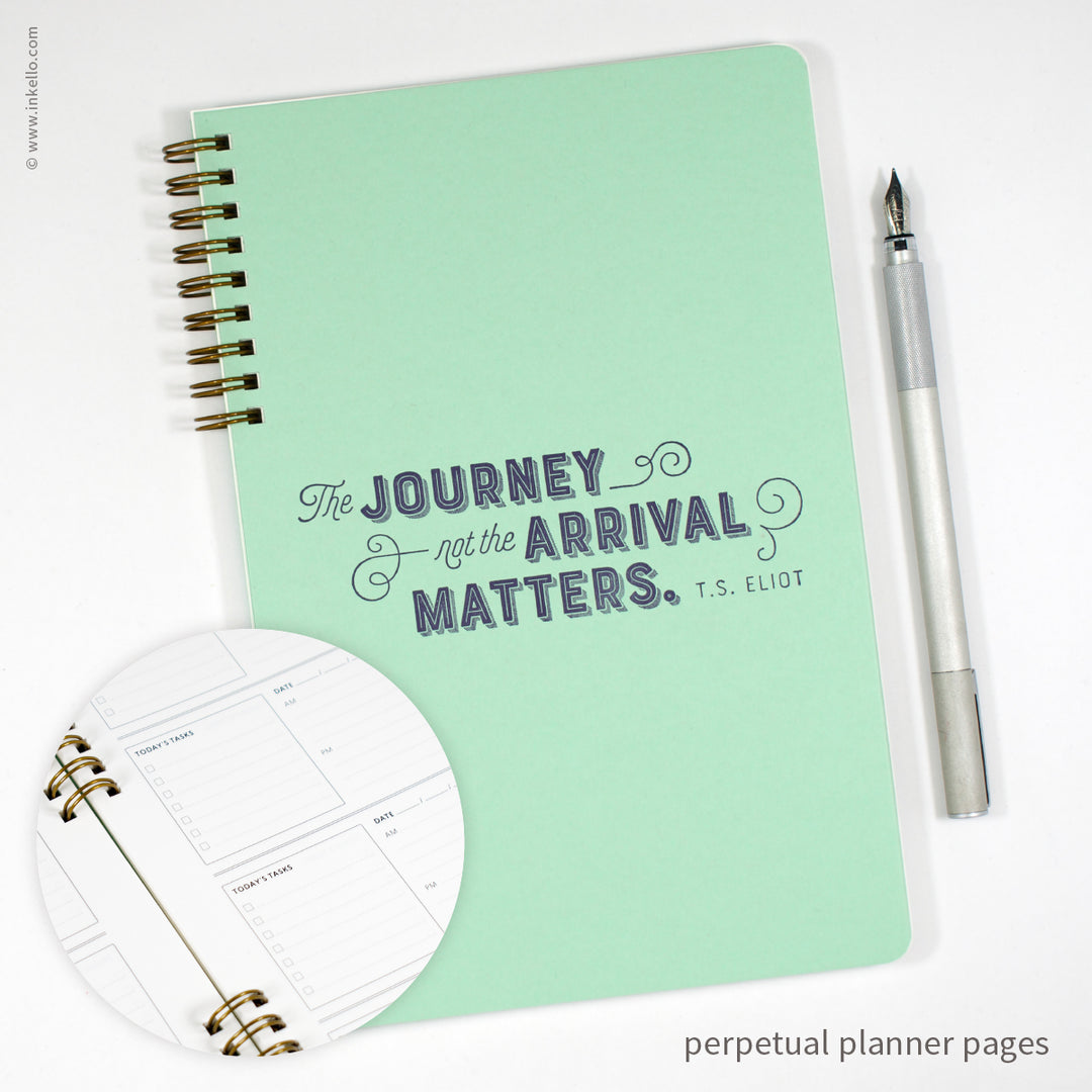 Weekly Planner with Mint Cover and T.S. Eliot Quote in Navy Ink (