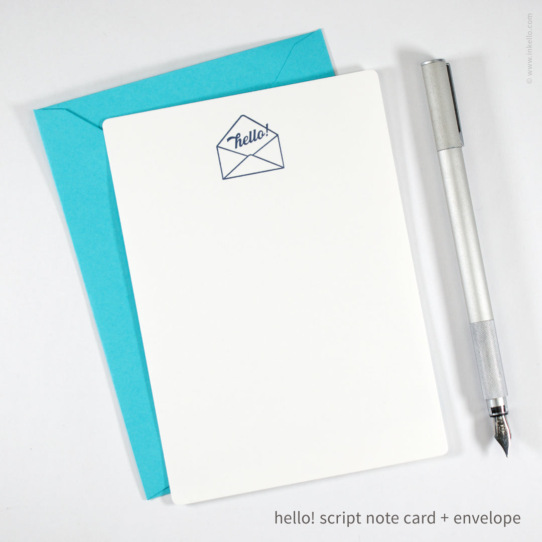 Flat Note Card Set with Navy "Hello!" Script (